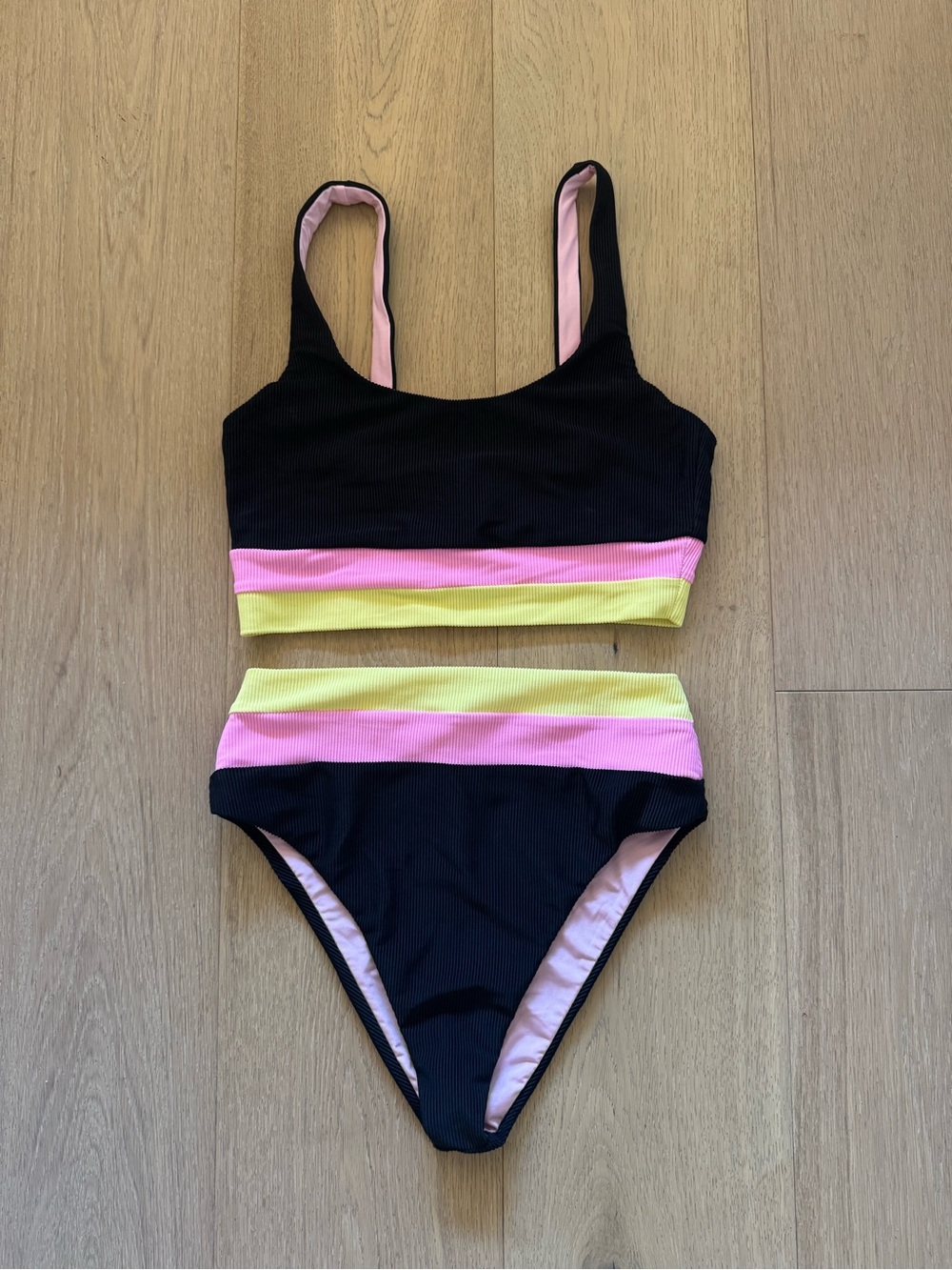 Beach Riot Mackenzie Black Ribbed Pink Lemonade Bikini Set - Picture 2 of 5